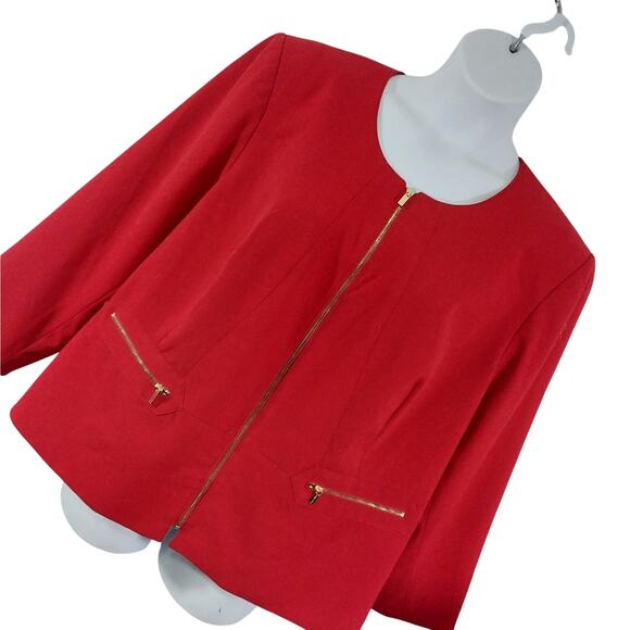 CALVIN KLEIN! RICH RUBY RED, GOLD HARDWARE, ZIPPER FRONT JACKET, BLAZER! SZ 24W - Picture 1 of 9